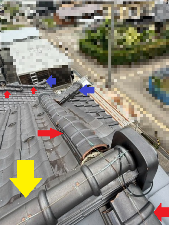 大棟・隅棟・下り棟が歪んでいます