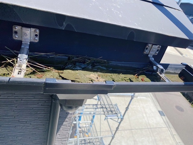 軒樋に葉っぱや土が溜まっています