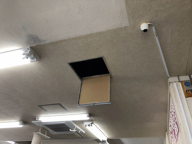 室内天井のシミと点検口周辺の濡れ