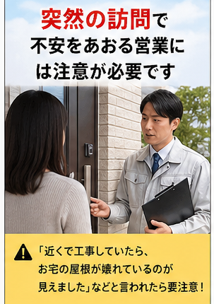 悪質な訪問業者は、次のような流れで契約を迫ってきます。  ① 不安をあおる訪問トーク  「近くで工事していたら、お宅の屋根が壊れているのが見えました」  → 突然の一言で不安を煽ります