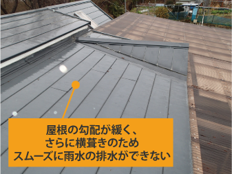 屋根の勾配が緩く、さらに横葺きのためスムーズに雨水の排水ができない